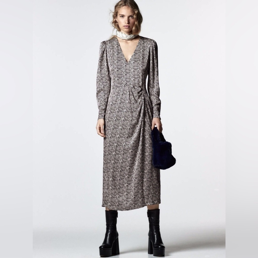 Zara Black White Abstract Print Midi Dress Slit Small